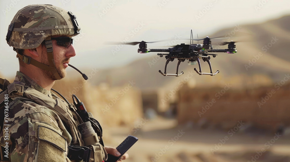 Soldier uses small drone for surveillance, military man controls modern uav during war. Concept of army, intelligence, warfare, technology Soldier uses small drone for surveillance, military man controls modern uav during war. Concept of army, intelligence, warfare, technology