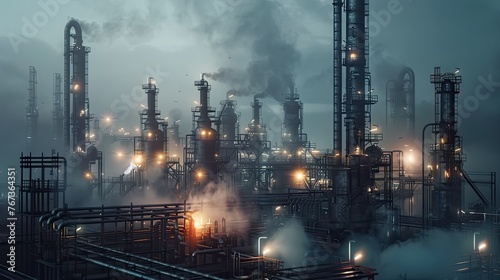 a massive industrial refinery, featuring intricate piping systems and engulfed in a chemical haze, illuminated by the artificial glow of halogen lights, in a realistic photo.