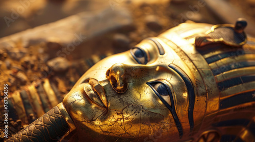 Gold mask of pharaoh in Ancient Egyptian tomb, fiction view, old luxury painted sarcophagus close-up. Theme of Egypt, antique, mummy, art, grave and culture