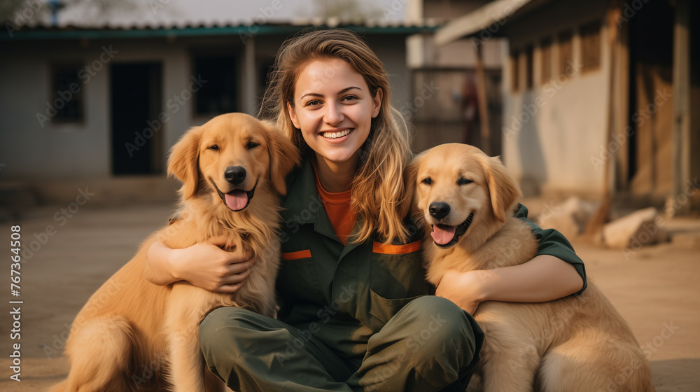 woman and dog, A serene moment captured: a female volunteer in uniform, sitting amidst wagging tails, providing solace to rescued dogs at the shelter woman and dog, A serene moment captured: a female volunteer in uniform, sitting amidst wagging tails, providing solace to rescued dogs at the shelter