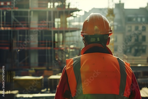 Construction worker in safety gear looking at construction site emphasizing workplace safety and Occupational Safety and Health. Concept Construction Safety, Safety Gear, Workplace Safety, OSH photo