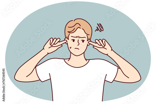Offended guy closes ears does not want to hear toxic words or insults from peers or girlfriend. Embarrassed man trying to get rid of noise or loud music played by rude neighbors. Flat vector design