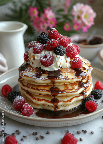  Pancake Stack with Berries, Whipped Cream, and Chocolate Drizzle