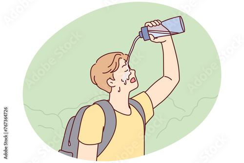 Tired man tourist pouring water on face during long walk in nature in hot weather. Traveler guy with backpack on back exhaustively washes head on go to avoid sunstroke. Flat vector design