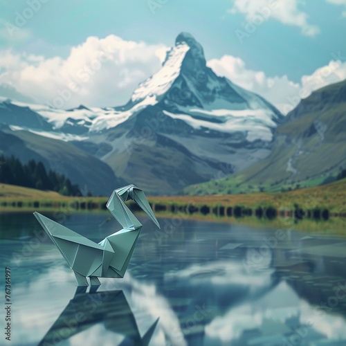 Artistic origami animals set in Switzerlands landscapes tranquil mountains and lakes photo