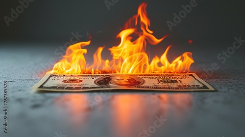 Burning dollar banknote. Concept of financial crisis