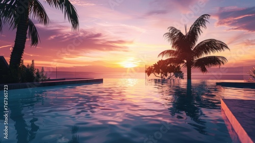 the serene beauty of a luxury pool bathed in the golden hues of sunset