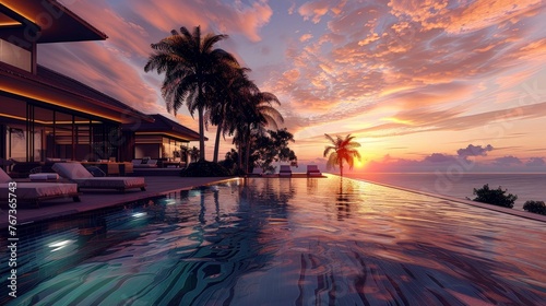 the serene beauty of a luxury pool bathed in the golden hues of sunset