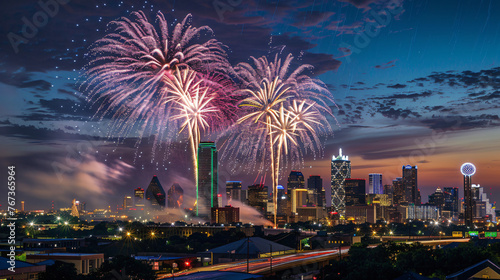 An elaborate 4th of July fireworks display over the skyline of a major city. © Hans