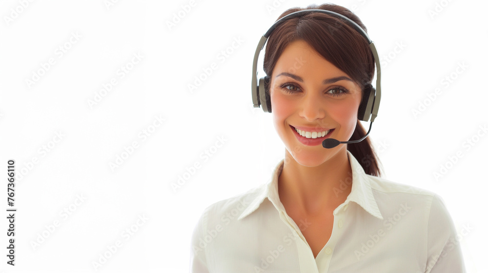 Happy smiling cheerful support phone operator in headset, isolated on white background Happy smiling cheerful support phone operator in headset, isolated on white background