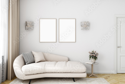 Mock up poster in bedroom interior and two frame A4, 3d render