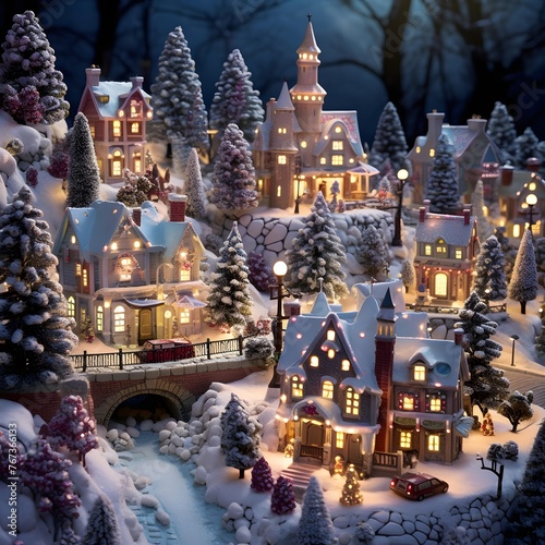 Christmas village with houses in the snow. Christmas and New Year concept. © Iman