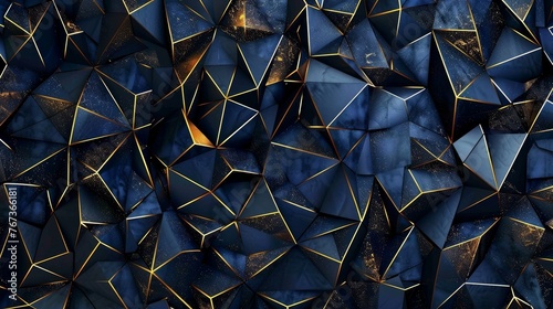 A luxurious abstract pattern in dark blue adorned with gold polygonal shapes
