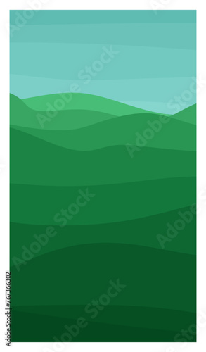 Vertical vector landscape. Natural landscape in flat style for social media stories, posters, postcard. Beautiful summer background with green hills and blue sky . Colorful flat vector illustration