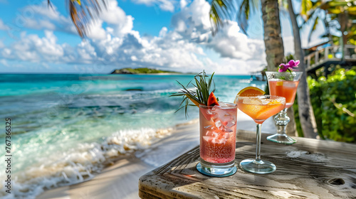 Beach scene, vibrant atmosphere of a beach bar adorned with a wide variety of exotic cocktails, exuding tropical charm and relaxation