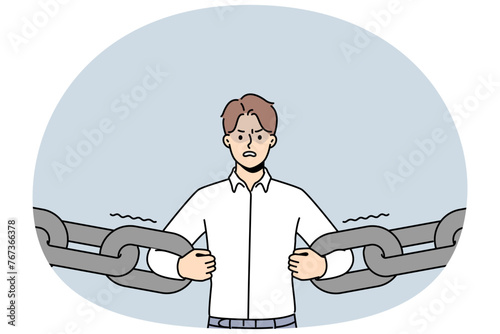 Confident decisive businessman break chain get free from credit or bank loan. Angry male employee holding chain receive freedom from financial slavery. Vector illustration.