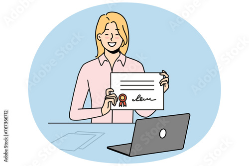 Smiling woman sit at desk study online on computer show certificate or graduation. Happy girl student graduate college or university on internet. Vector illustration.