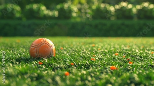 Green football field, orange ball
