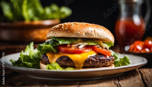 A deliciously inviting cheeseburger with melted cheese  fresh lettuce  and tomato  served on a sesame bun with a side of condiments  embodying classic American cuisine.