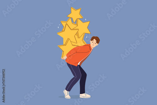 Perfectionist man, tired due to pressure of company high standards, bends under weight of gold stars. Exhausted perfectionist guy needs change in approach to work due to mental boxes