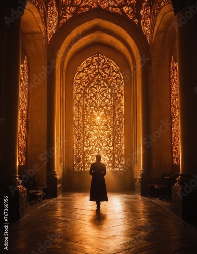 A lone figure stands before an ornate archway, bathed in the golden glow of intricate patterns, evoking a sense of historical wonder
