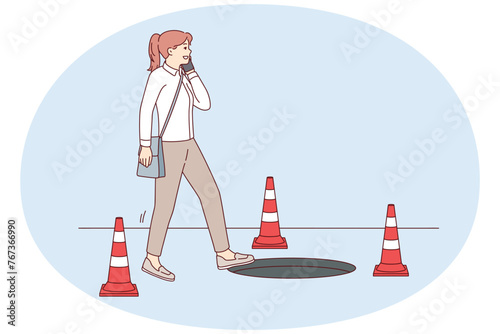 Careless woman walking talking on phone risks falling into hatch due to inattention and abuse of gadgets. Casual girl steps towards open sewer making phone call. Flat vector design