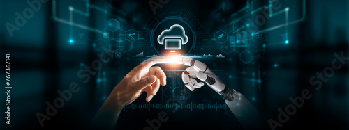 Cloud Computing: Hands of Robot and Human Touch Cloud Computing of Global Networking, Data Storage, Accessibility, Scalability - Digital Technologies of Future. photo