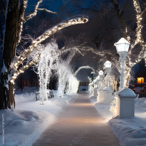 Beautiful winter alley in the park decorated with Christmas lights at night