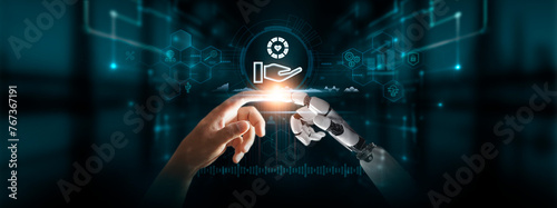 Core Values: Hands of Robot and Human Touch Core Values Icon of Global Networking, Collaboration, Innovation, Embracing Digital Technologies of the Future.