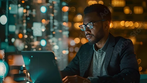 A handsome short black american project manager working on a computer in the office Augmented Reality social media icons appear on employees' laptops,generative ai photo