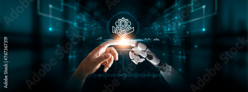 Governance: Hands of Robot and Human Touch Governance Icon of Global Networking, Regulation, Compliance, Ethical Standards in Digital Technologies of Future. #767367319
