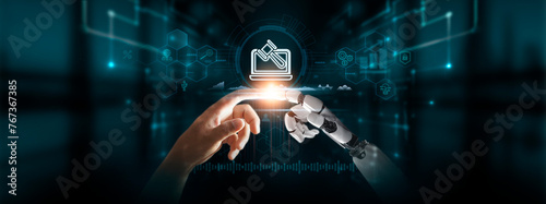 Legal Technology: Hands of Robot and Human Touch Legal Technology Icon of Global Networking, Ensuring Compliance, Enhancing Efficiency, Leveraging Digital Technologies of the Future.