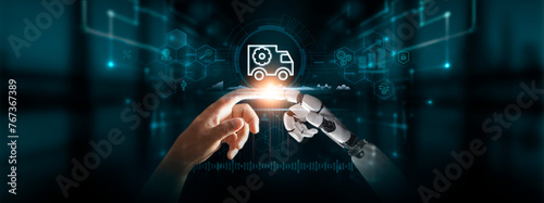 Logistic Management: Hands of Robot and Human Touch Logistic Management Icon of Global Networking, Enhancing Efficiency with Automation, Embracing Digital Technologies of the Future