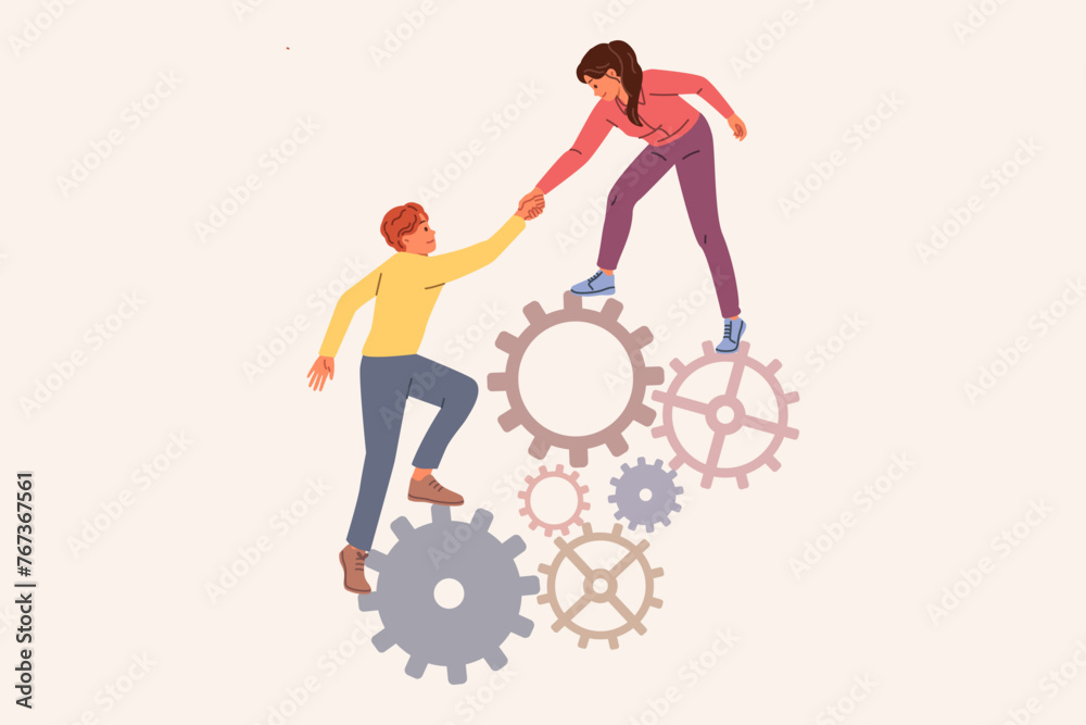 Business woman provides support to weak colleague by helping climb stack of gears, showing commitment to teamwork. Guy and girl from startup support each other to achieve career success