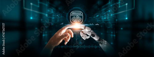 Fotografie Web Development: Hands of Robot and Human Touch the Web Development of Global Networking, Collaboration, Integration of Cutting-Edge Digital Technologies of the Future