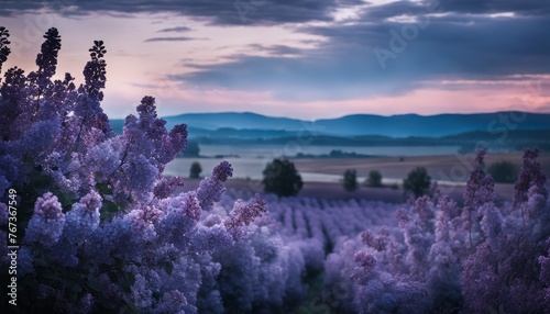 A serene twilight sky casts a gentle glow over sprawling lavender fields, with distant mountains silhouetted on the horizon. © video rost