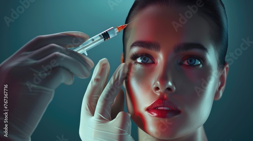 Beautiful young woman getting botox injection in her face. Cosmetology and plastic surgery concept.