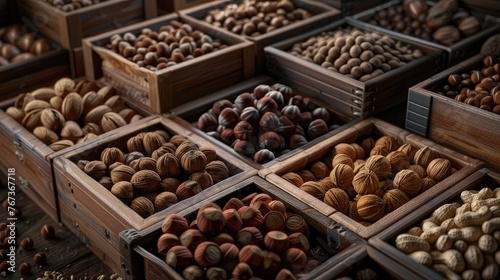 nuts  such as walnuts and hazelnuts  presented in wooden boxes  with a background of various whole peanuts arranged on the table  in a high-angle view realistic photo.