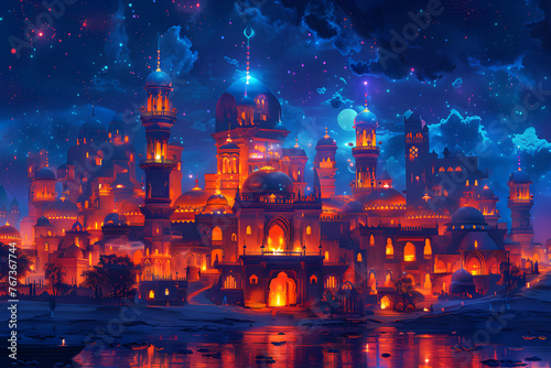 A breathtaking urban arabic landscape at night with neon lights and stunning architecture  creating a magical and mystical atmosphere. Perfect for fantasy and travel themes.