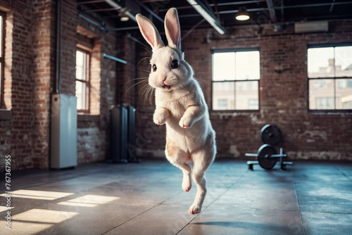 adorable white rabbit jumping in brick wall studio, work out in gym, fitness and exercise symbol photo