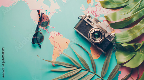 An exotic summer travel flat lay including a world map sunglasses a camera and tropical leaves on a pastel background.