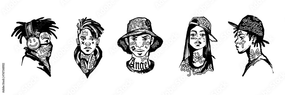 Black man portrait set, vector male female character face, diverse young American people sketch. Urban street graffiti print, hip-hop rap music person gangster sticker. Black man grunge tattoo clipart