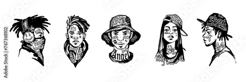 Black man portrait set, vector male female character face, diverse young American people sketch. Urban street graffiti print, hip-hop rap music person gangster sticker. Black man grunge tattoo clipart
