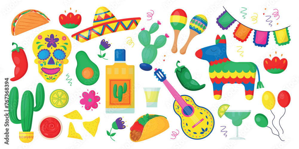 Cinco de Mayo celebration in Mexico, icons set, design element. Collection objects for Cinco de Mayo parade with pinata, food, sambrero, tequila, cactus. Vector illustration, clip art