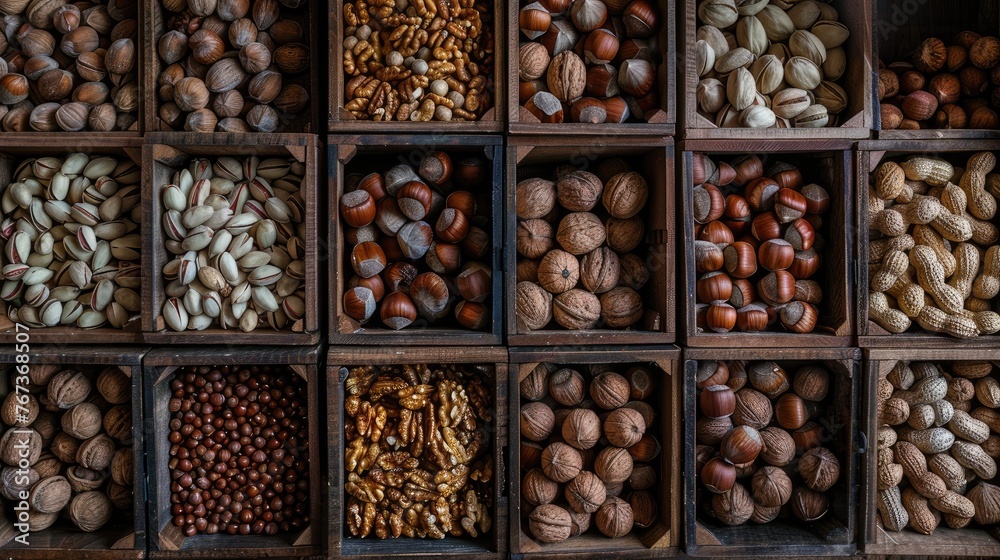 nuts, such as walnuts and hazelnuts, presented in wooden boxes, with a background of various whole peanuts arranged on the table, in a high-angle view realistic photo. nuts, such as walnuts and hazelnuts, presented in wooden boxes, with a background of various whole peanuts arranged on the table, in a high-angle view realistic photo.