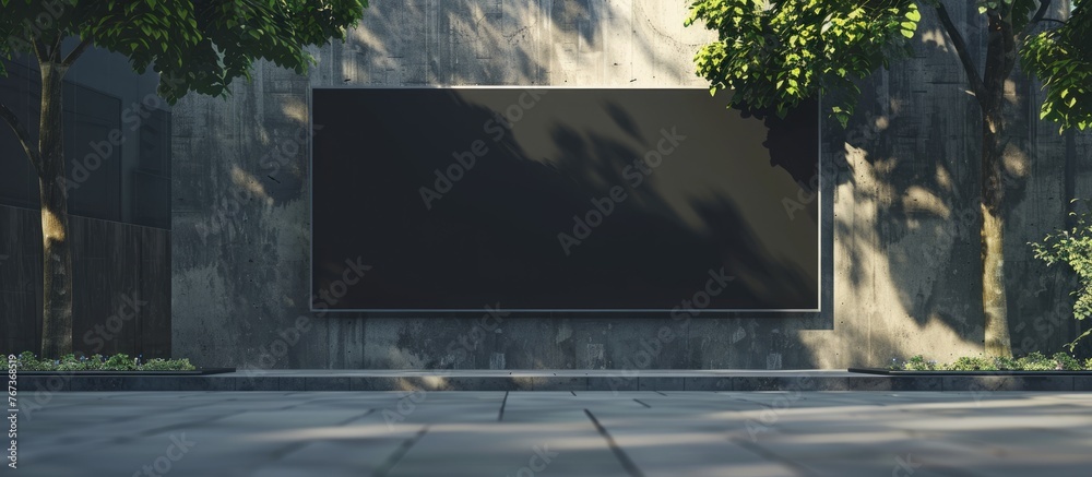 Close-up photo of a black blank poster against a concrete building, with trees and sunlight visible in the background. It is a mock-up image.