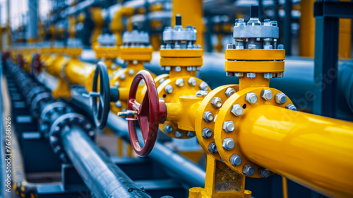 Equipment of the gas energy station. Gas industry. Pipeline and valves system at a gas production and processing plant.