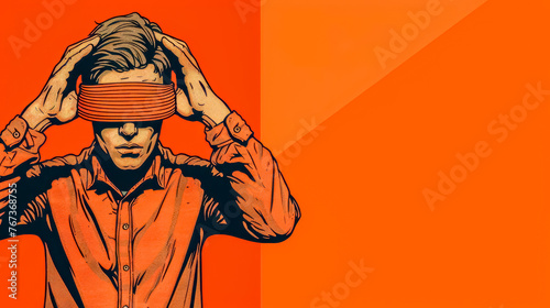 Man with blindfold in orange and blue illustration