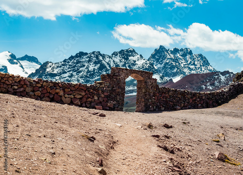 Stunning stone gate that marks the border between the Red Valley (valle rojo) and Vinicuca complex, Cusco region, Peru