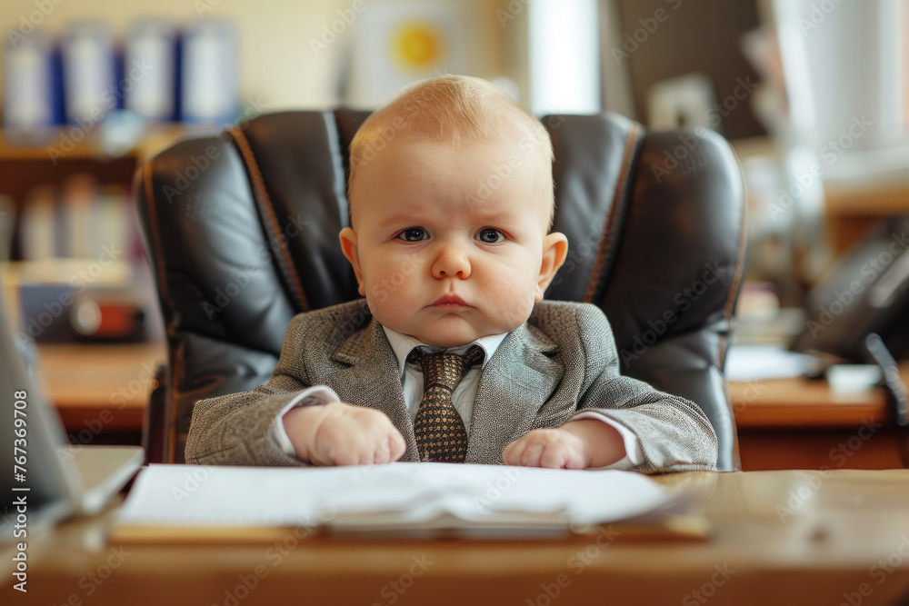 A baby is sitting in a chair in front of a laptop. The baby is wearing a blue shirt and a vest. The baby is looking at the camera with a serious expression. Serious business baby boss in the office A baby is sitting in a chair in front of a laptop. The baby is wearing a blue shirt and a vest. The baby is looking at the camera with a serious expression. Serious business baby boss in the office
